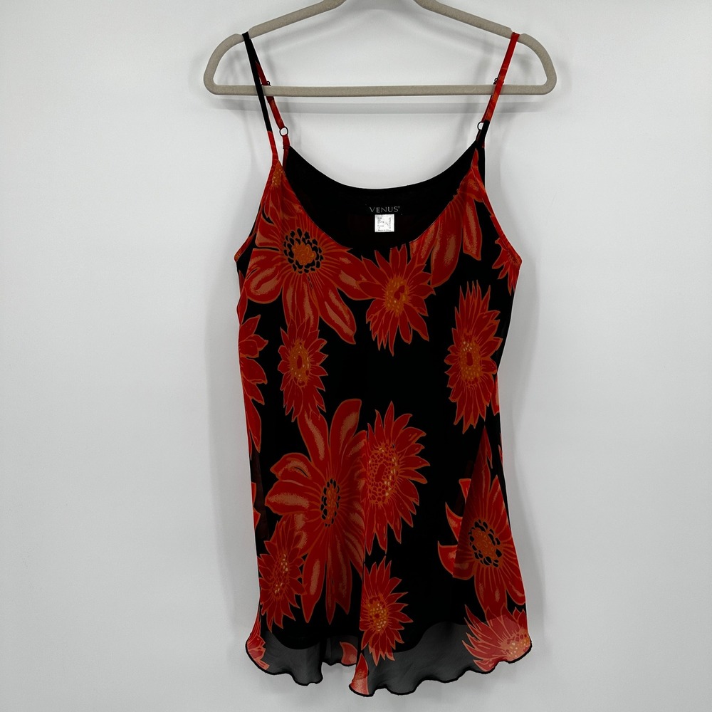 Venus Red Orange Floral Sunflower Camisole Tank Top Black Size 12 Tropical Boho